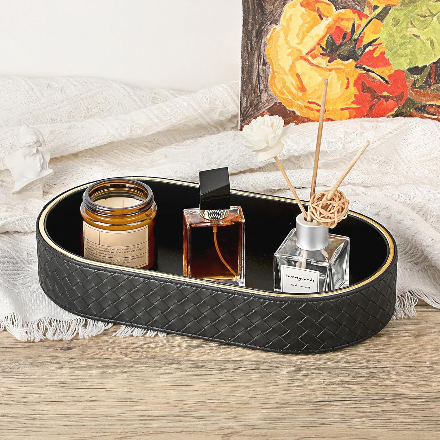 Hipiwe Perfume Trays PU Leather Vanity Tray for Dresser Bathroom Valet Trays Oval Desk Tray Jewelry Dish Holder Decorative Catchall Trays Nightstand Organizer, Beige