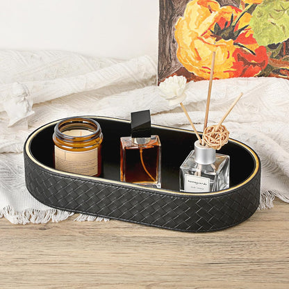 Hipiwe Perfume Trays PU Leather Vanity Tray for Dresser Bathroom Valet Trays Oval Desk Tray Jewelry Dish Holder Decorative Catchall Trays Nightstand Organizer, Beige