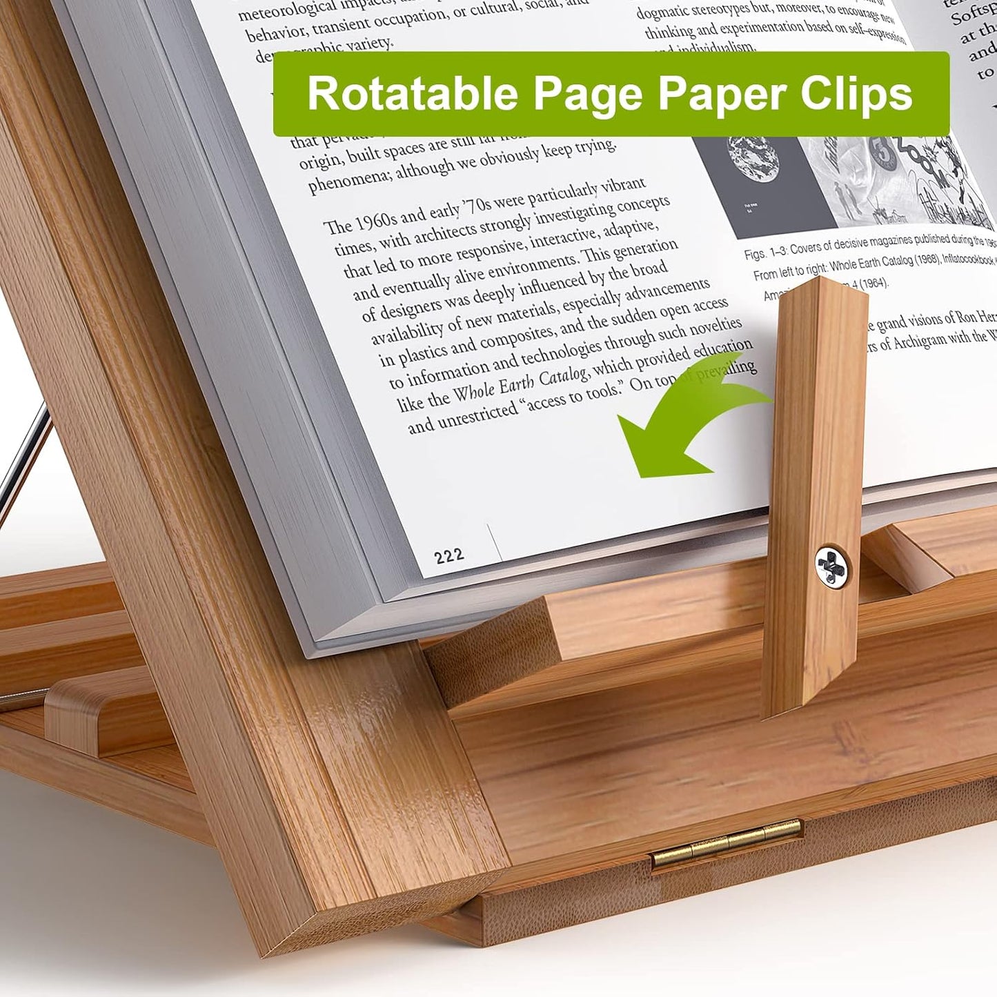 Wooden Desktop Book Stands, Adjustable Book Stand for Reading, Pezin & Hulin Cook Book Holder Seat, Bamboo Foldable Riser for Tablet, Recipe, Laptop with Page Clips