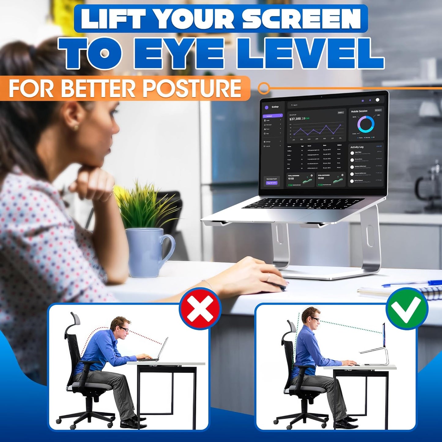 Portable Laptop Stand for Desk – Ergonomic, Sturdy Aluminium Laptop Riser for Desk with Anti-Slip Bottom, Compatible for 10-15.6′′ Notebook - Improved Cooling, Comfort, Productivity, and Posture