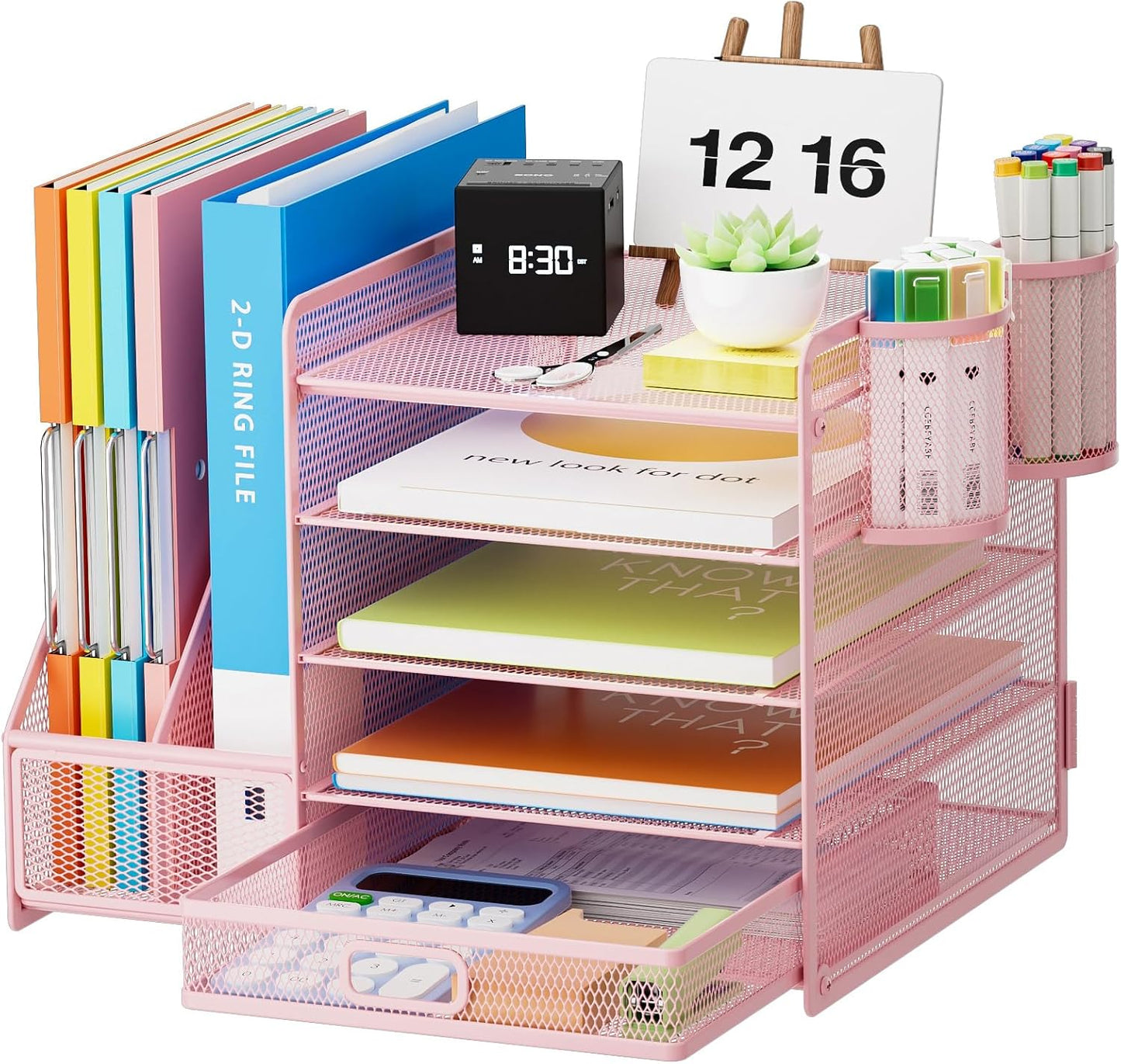 Marbrasse Desk Organizer with File Holder, 5-Tier Paper Letter Tray Organizer with Drawer and 2 Pen Holder, Mesh Desktop Organizer and Storage with Magazine Holder for Office Supplies(Black)