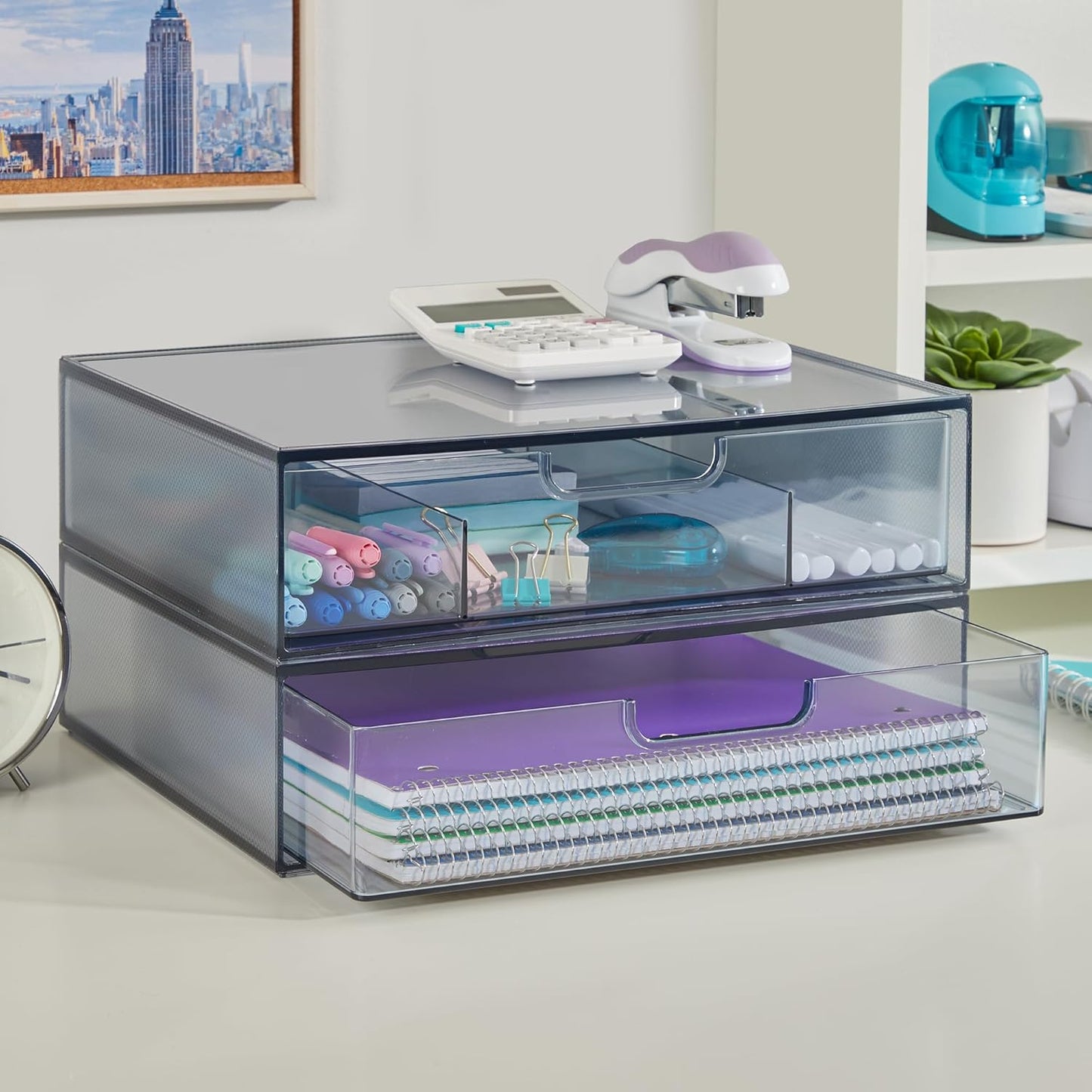 STORi STAX Plastic Stackable Organizer Drawers (Set of 2) Clear | 12.5" Wide | Set Includes Two Open Drawer | Organize Office Desk Accessories & Sort Paper | Made in USA