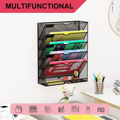Wall File Organizer Holder Mesh Hanging Paper Document Holder,Vertical 6 Pocket Tier for Office Home, Black