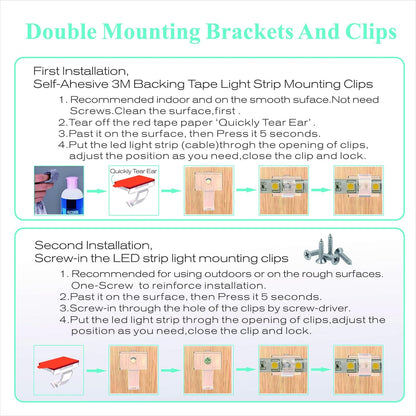 ATB- 100 Pack LED Strip Light Mounting Brackets, Self-Adhesive & Screw-in Dual Installation, LED Clips for 8-10mm (0.31-0.39in) Width, Height <2.8mm (0.11in) Indoor Strip Lights, Include 102 Screws
