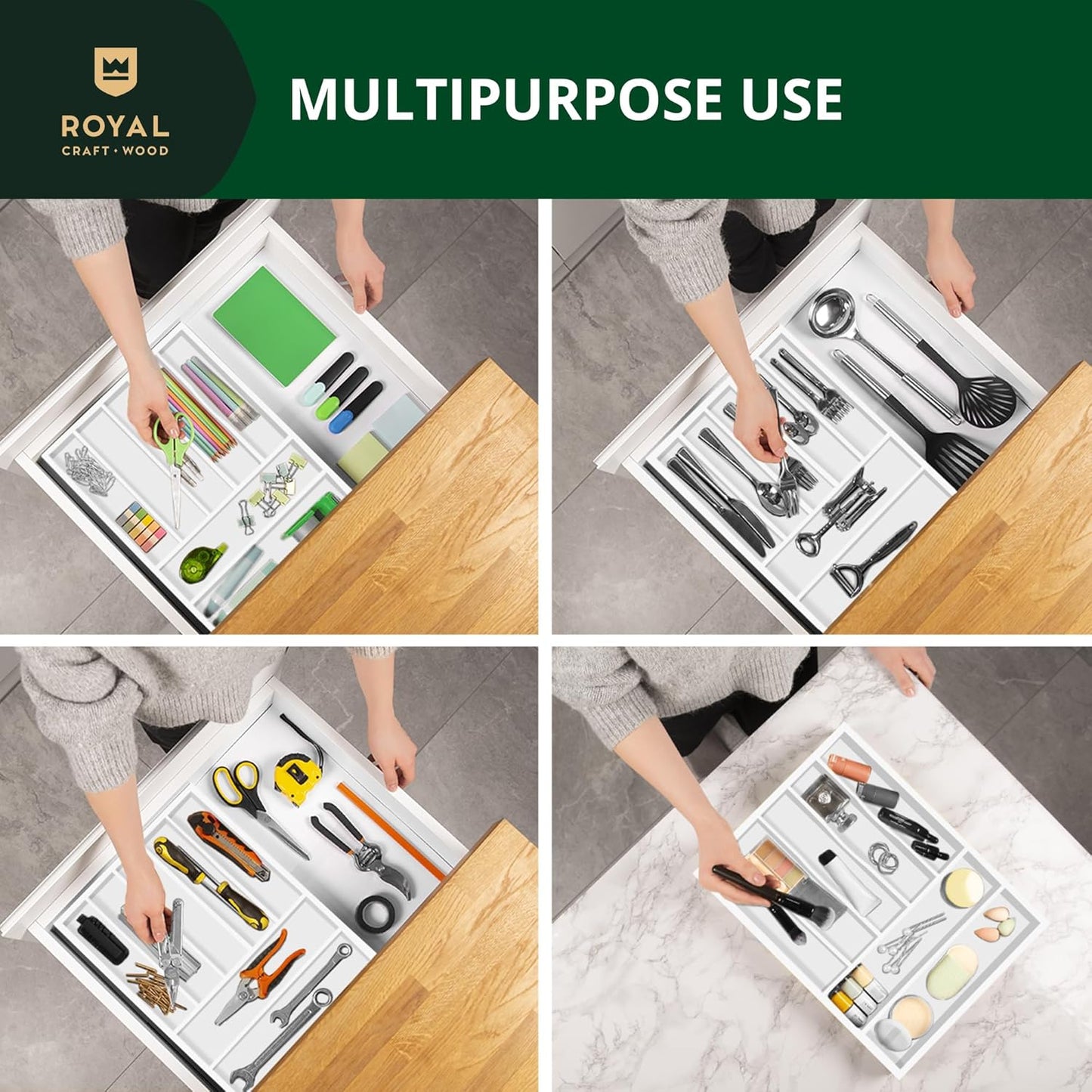 ROYAL CRAFT WOOD Luxury Bamboo Kitchen Drawer Organizer - Silverware Organizer, Utensil Holder & Cutlery Tray Drawer Dividers for Flatware (9 Slot, Natural)