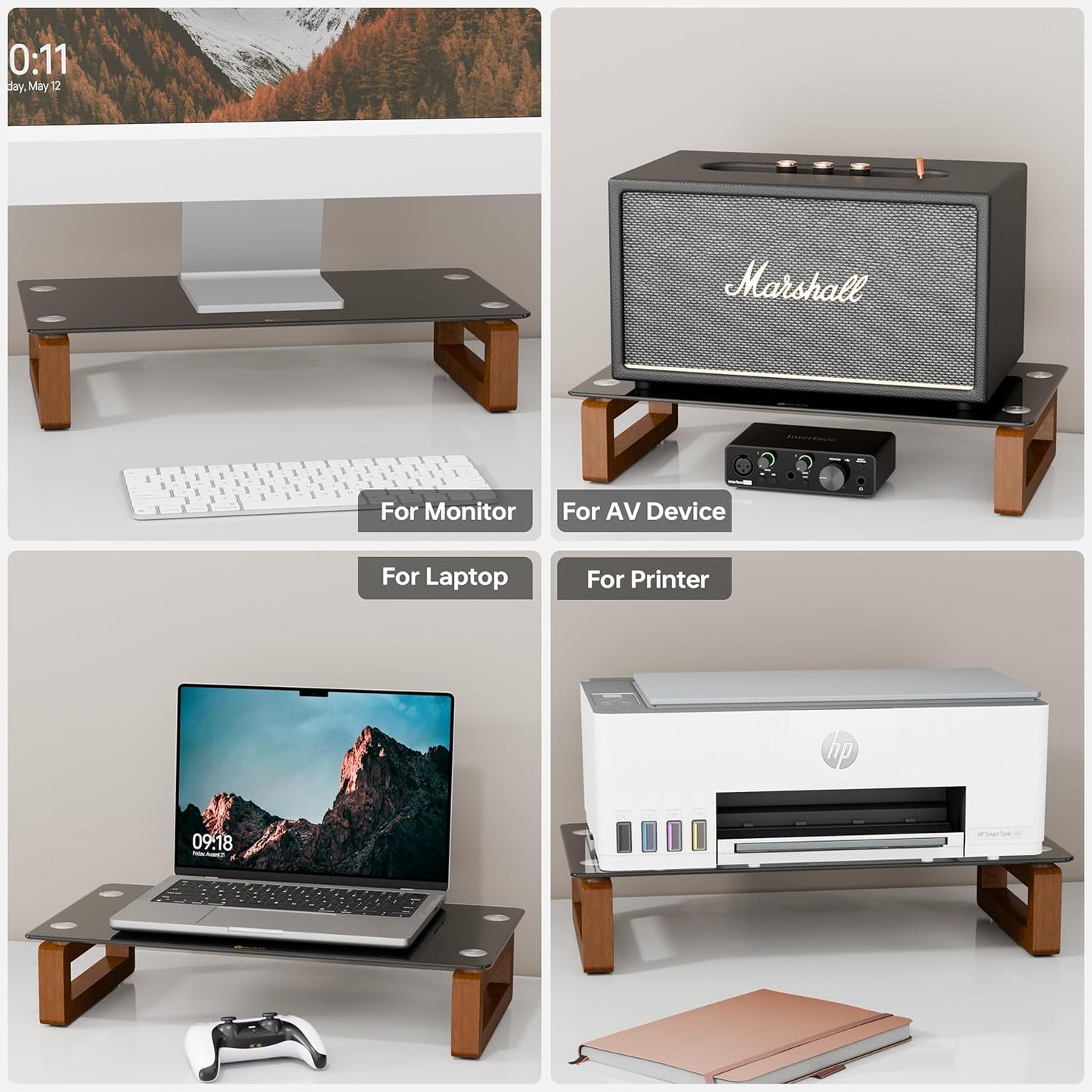 YEOUX Multi-Purpose Desktop Stand, Clear Floating Computer Monitor Riser with Natural Wood Base, Desk Organization Shelf for Printer, Laptop, Audio Device, Flat Screen