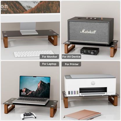 YEOUX Multi-Purpose Desktop Stand, Clear Floating Computer Monitor Riser with Natural Wood Base, Desk Organization Shelf for Printer, Laptop, Audio Device, Flat Screen