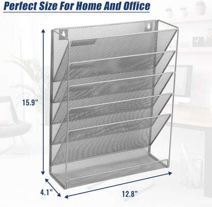 EASEPRES Desk File Organizer Mesh 6-Tier, Hanging Wall Mount Document Organization Stand, Desktop Vertical Mail Paper Folder Holder Rack with Bottom Tray for Office Home Cubicle Countertop, Black