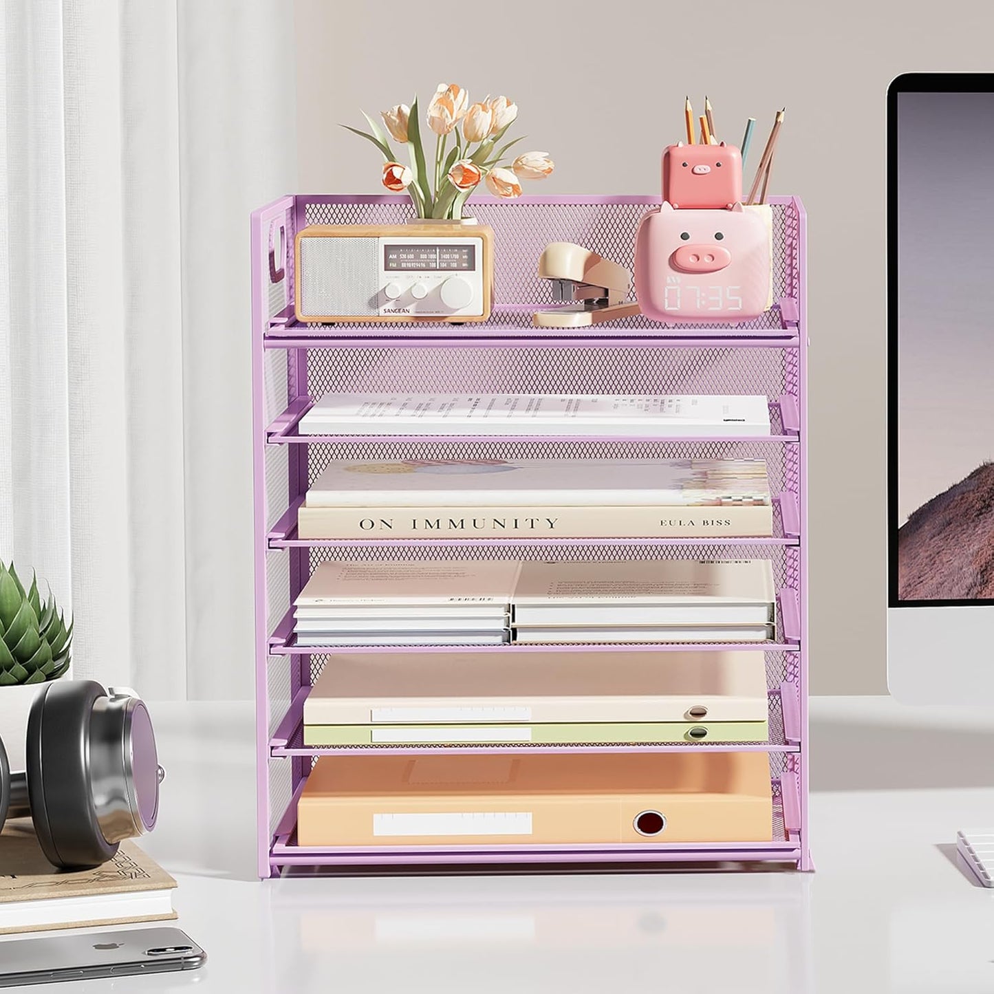 Subekyu 6 Tier Office File Paper Desk Tray Organizer with Handle, Stackable Slide Mesh Letter Tray Folder Blue Desk Organizer, Desktop Document Sorter for Classroom, Office, Home Supplies Storage