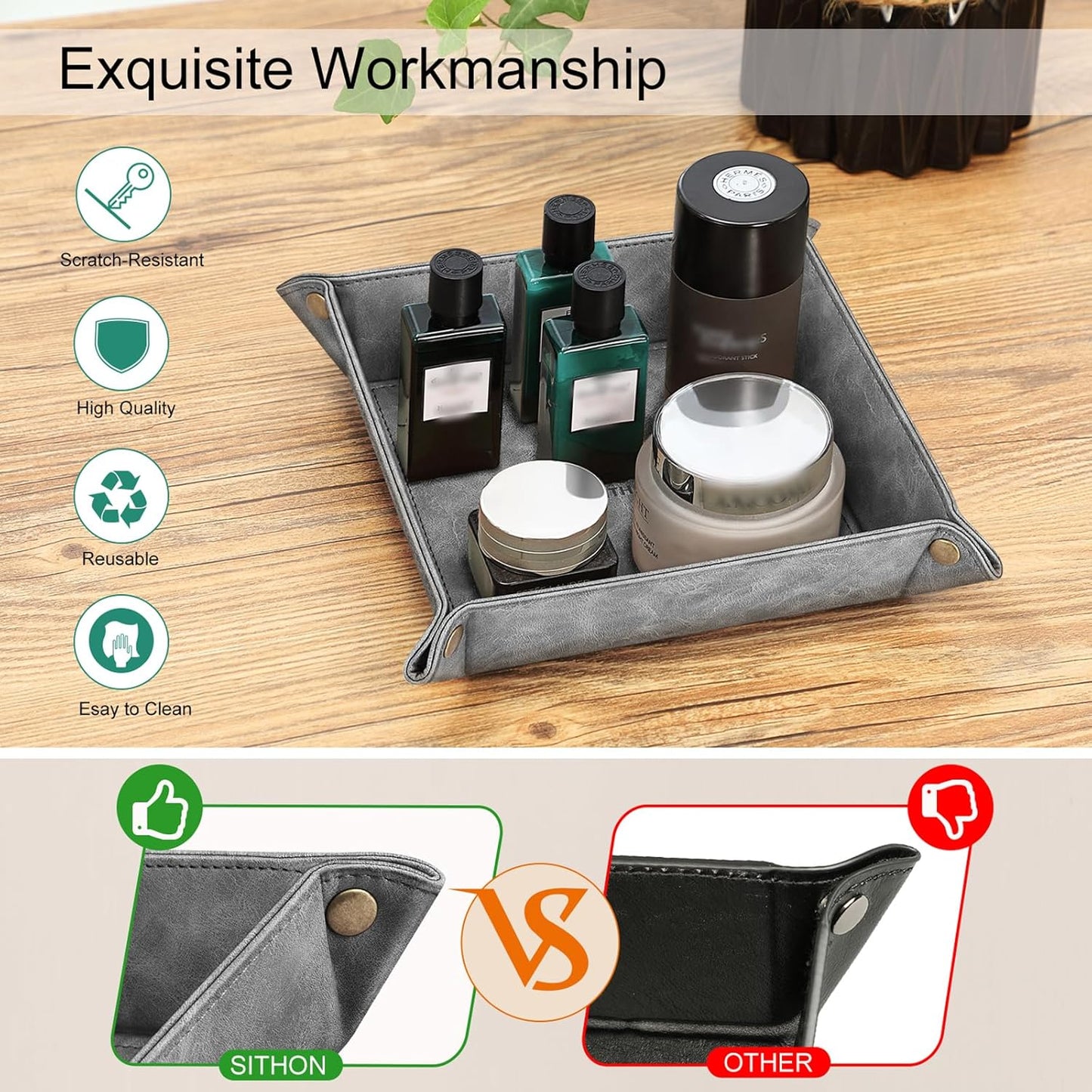 SITHON Valet Tray Desktop Storage Organizer – Premium PU Leather Catchall Bedside Vanity Tray Nightstand Caddy Holder for Keys, Phone, Wallet, Coin, Valentine's Day Gift, Brown