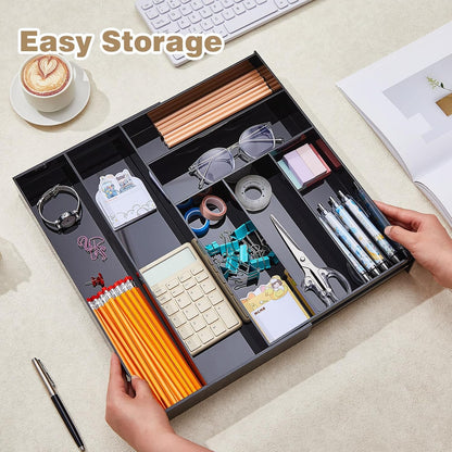 Briwooody 1 Pcs Acrylic Desk Drawer Organizer 9'' up to 16'' x 12'' x 2.2'' Expandable Drawer Organizer Trays with 10 Adjustable Compartments Clear Desk Accessories for Makeup Office Bathroom