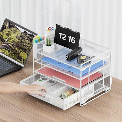 Marbrasse Desk Organizer and Accessories，4-Tier Paper Letter Tray Organizer with File Holder，Desk Accessories & Workspace Desktop Organizers for School Home Office Supplies (Blue)