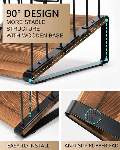 HULISEN Inclined Desk File Organizer, 5-Section Vertical File Folder Holder Stand, Metal File Sorter Rack with Wooden Base, Desktop File Organizer for Office Classroom Home Workspace