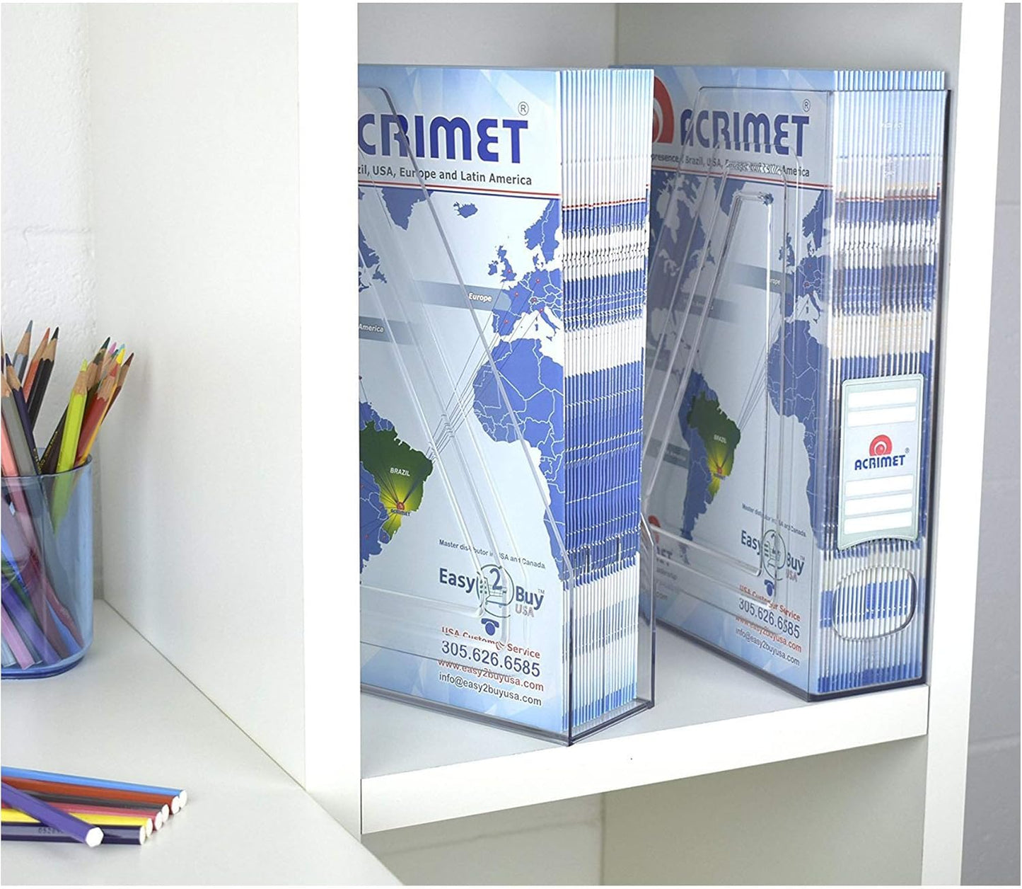 Acrimet Magazine File Holder – Vertical Rack for Documents, Folders and Mail, Durable Plastic Desk Organizer for Office & Home, Clear Crystal (2 Pack)