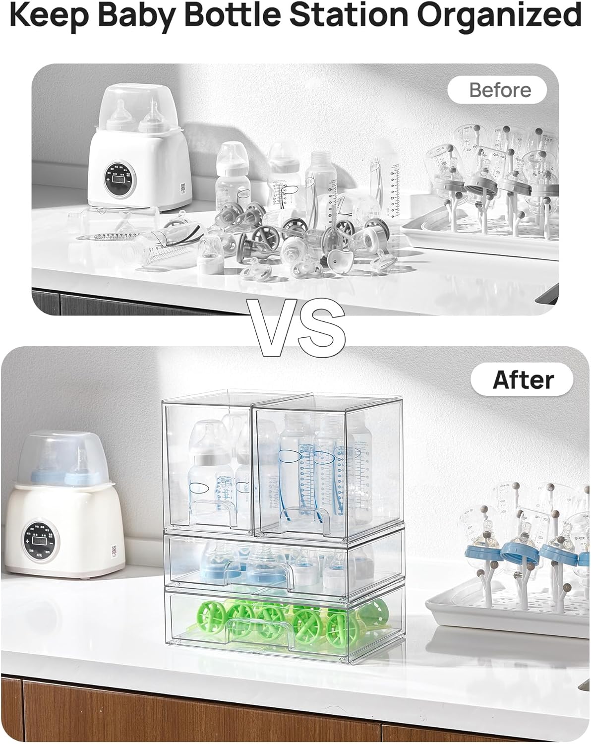 Vtopmart Stackable Storage Drawers Set of 4, Clear Plastic Organizer Bins for Bathroom Supplies,Ideal for Cabinet,Pantry,Laundry Room Organization