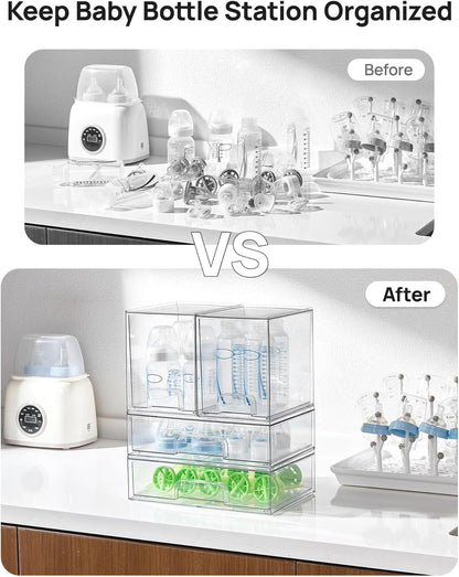 Vtopmart Stackable Storage Drawers Set of 4, Clear Plastic Organizer Bins for Bathroom Supplies,Ideal for Cabinet,Pantry,Laundry Room Organization