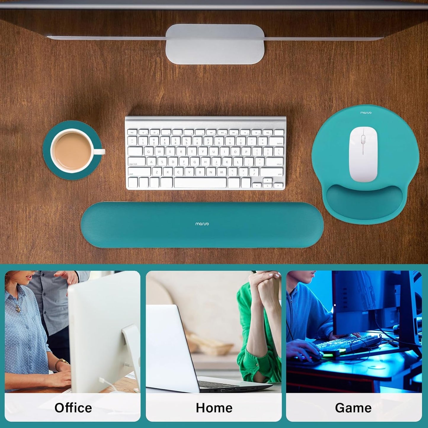 MOSISO Wrist Rest Support for Mouse Pad&Keyboard Set, Circle Curved Ergonomic Mousepad&Coaster Non-Slip Base Home/Office Pain Relief&Easy Typing Pad with Soft Cloth&Silicone Lining, Antique Green
