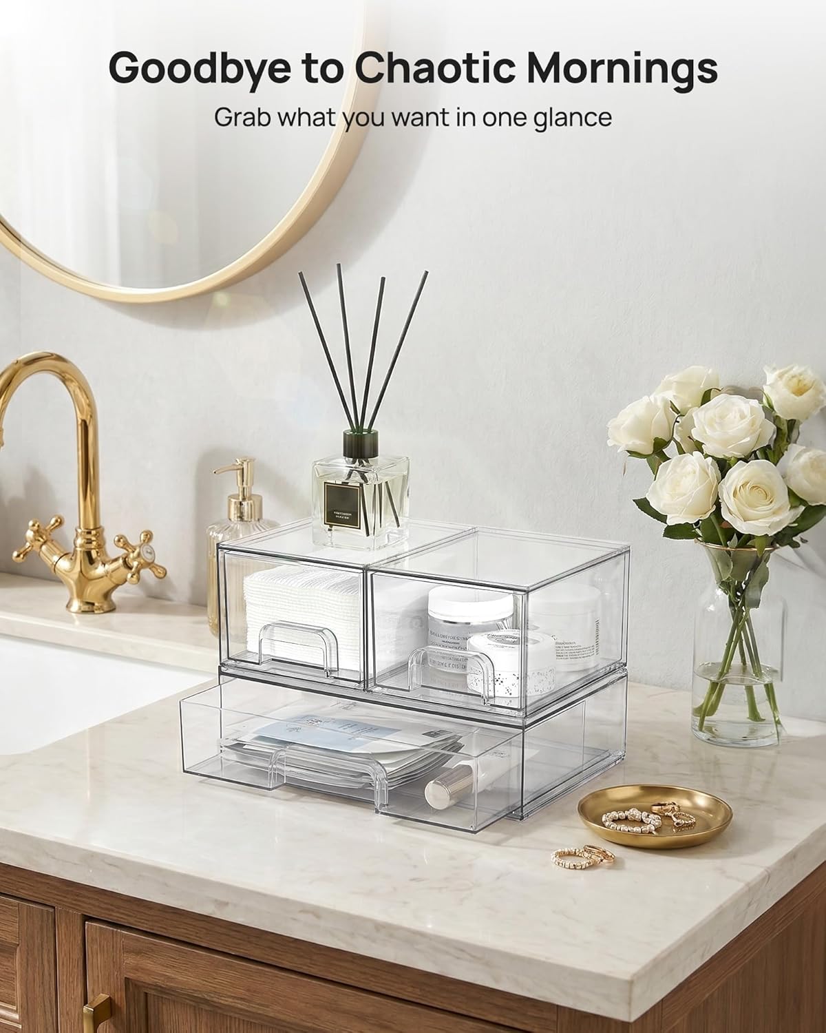 Vtopmart Stackable Storage Drawers Set of 4, Clear Plastic Organizer Bins for Bathroom Supplies,Ideal for Cabinet,Pantry,Laundry Room Organization