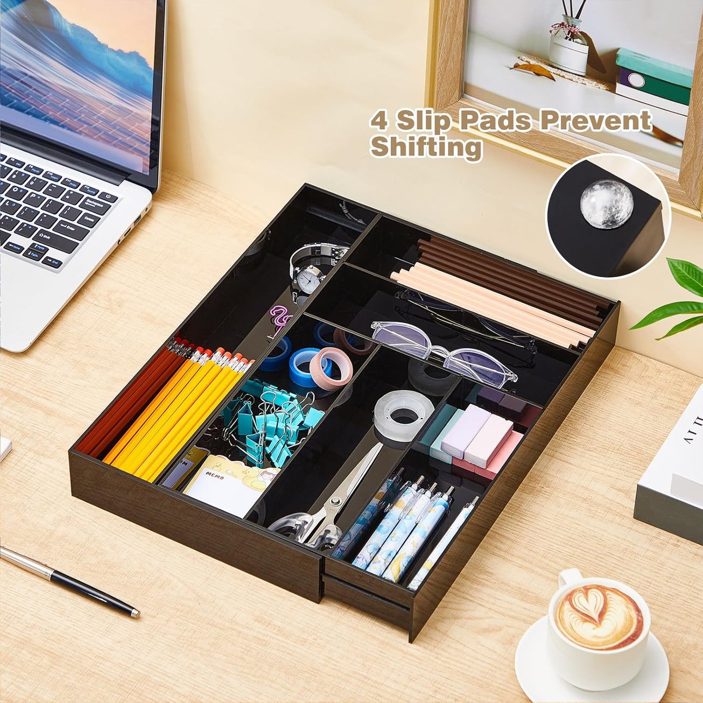 Briwooody 1 Pcs Acrylic Desk Drawer Organizer 9'' up to 16'' x 12'' x 2.2'' Expandable Drawer Organizer Trays with 10 Adjustable Compartments Clear Desk Accessories for Makeup Office Bathroom