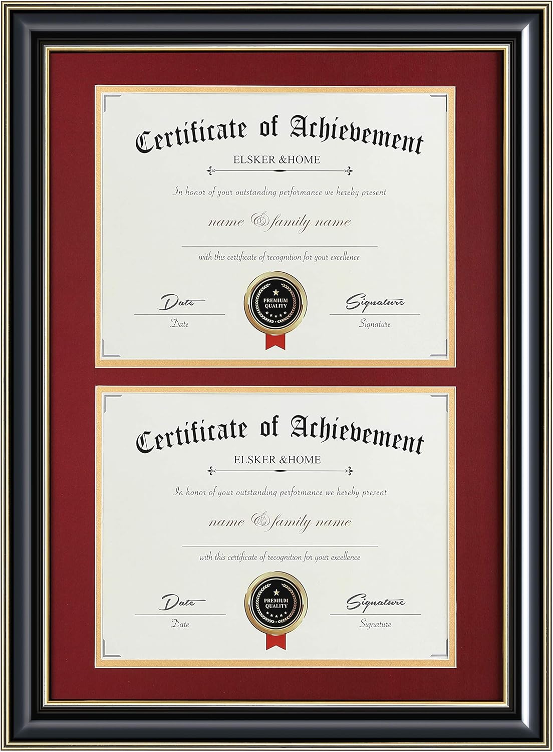 ELSKER&HOME Diploma Frame - Wide Solid Wood Frame - Black Velvet Golden Rim Mat - Semi-Tempered Glass - Includes Hanging Hardware and Desktop Easel(ONLY Display 11×14 Document/Certificate)
