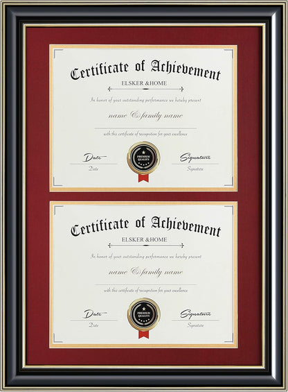 ELSKER&HOME Diploma Frame - Wide Solid Wood Frame - Black Velvet Golden Rim Mat - Semi-Tempered Glass - Includes Hanging Hardware and Desktop Easel(ONLY Display 11×14 Document/Certificate)
