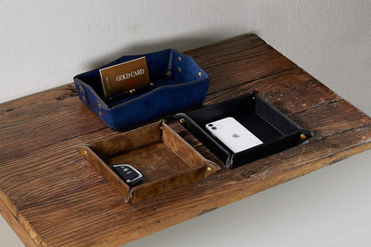 Leather Bedside Storage Tray - Jewelry Organizer for Girl's Key, Wallet, Coin Box - Travel PU Valet Tray (Dark Blue)