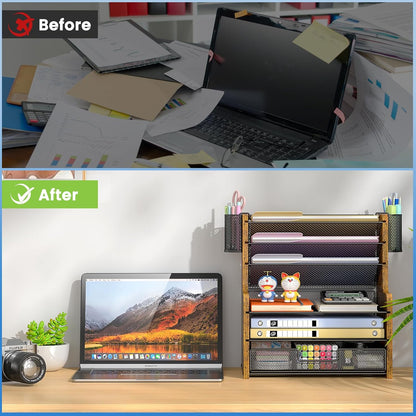 DAOUTIME 6-Tier Mesh Desk Organizer with Drawer, Wooden Office Organizer for Papers, Folders & Office Supplies - Sturdy Desktop File Holder with 2 Pen Holders - Space Saving Home Office Accessories