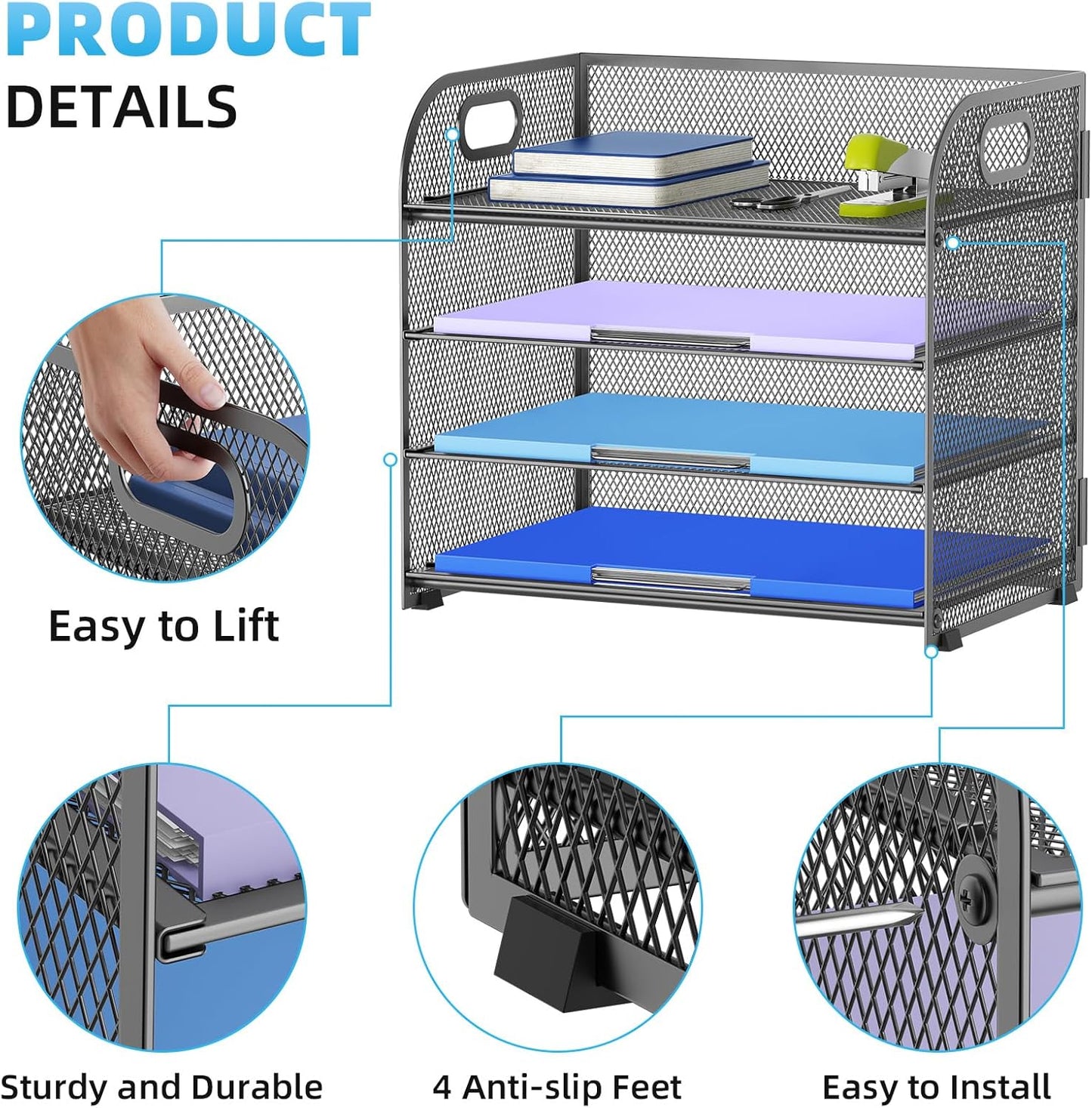 Marbrasse 4 Tier Paper Organizer Letter Tray - Mesh Desk File Organizer with Handle, Paper Sorter Organizer for Letter/A4 Office File Folder Holder (Black, 12.6" x 9.1" x 10.7")