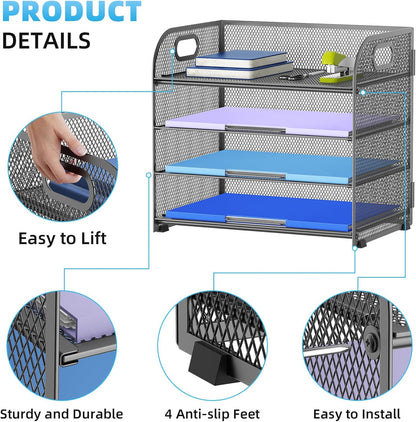 Marbrasse 4 Tier Paper Organizer Letter Tray - Mesh Desk File Organizer with Handle, Paper Sorter Organizer for Letter/A4 Office File Folder Holder (Black, 12.6" x 9.1" x 10.7")