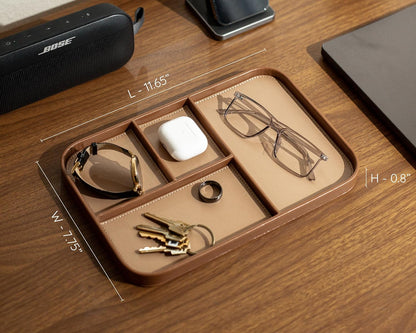MUUJEE Leather Catchall Multitray (Design 3) - 11.65 x 7.75 x 0.8, Nightstand Entryway Bedside Dump Tray Valet Organizer for Keys Phone Wallet Watch Glasses Pens, Office Desk Accessory for Men, Green