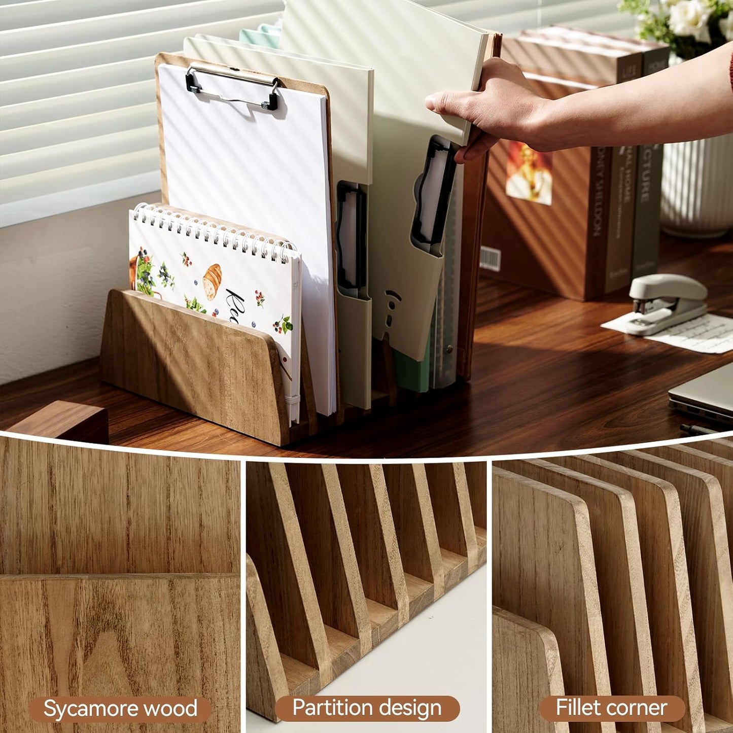 KIRIGEN Desktop File Document Holder Stand 7 Slots Mail Paper Organizer Desk Sorter Holder for File Document Organizer Stand for Home Office Natural (7KWJJ-NA)