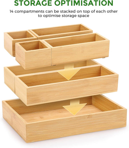 Bamboo Drawer Organizer Set, 5 PCS Multi-Use Individual Wood Storage Organizers, Junk Drawer Divider and Storage Trays Containers for Kitchen, Bathroom, Office Desk, Makeup, Jewelry, Utensils