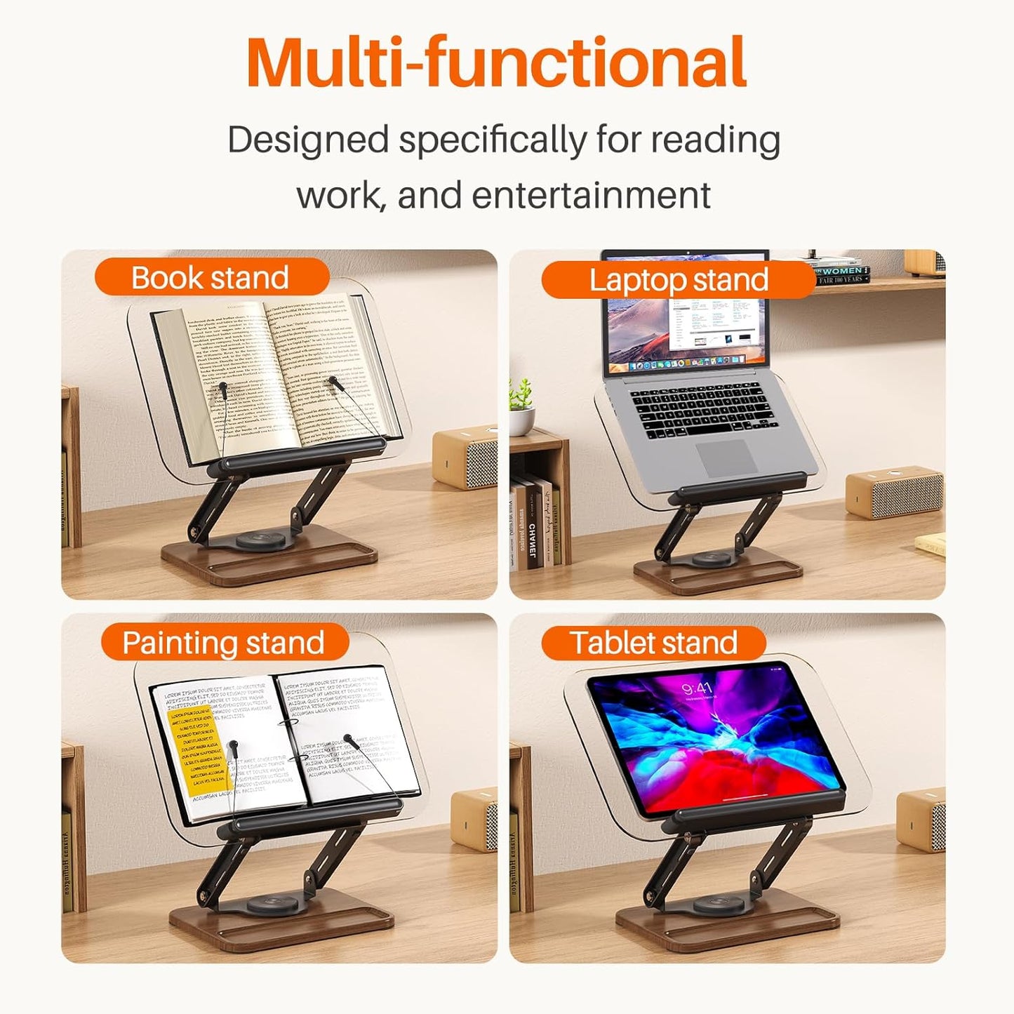 BYMECOST Acrylic Book Stand for Reading, Adjustable Book Holder with 360° Rotating Base & Elastic Page Clips, Foldable Desktop Riser Stand for Cookbook,Laptop,Tablet,Music Scores,Recipe,Textbook