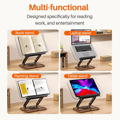 BYMECOST Acrylic Book Stand for Reading, Adjustable Book Holder with 360° Rotating Base & Elastic Page Clips, Foldable Desktop Riser Stand for Cookbook,Laptop,Tablet,Music Scores,Recipe,Textbook