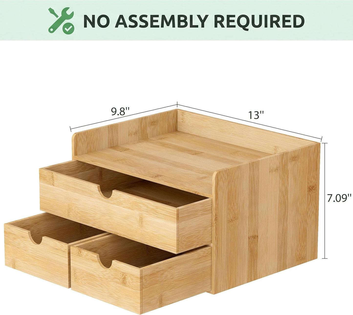 Desk Organizer with Drawers - Bamboo Desktop Organizer Storage | Wood Desk Drawers Organizer for Bills, Office Supplies, Cosmetics, Seals No Assembly Required (3 Drawer with Big Drawer)