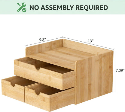 Desk Organizer with Drawers - Bamboo Desktop Organizer Storage | Wood Desk Drawers Organizer for Bills, Office Supplies, Cosmetics, Seals No Assembly Required (3 Drawer with Big Drawer)