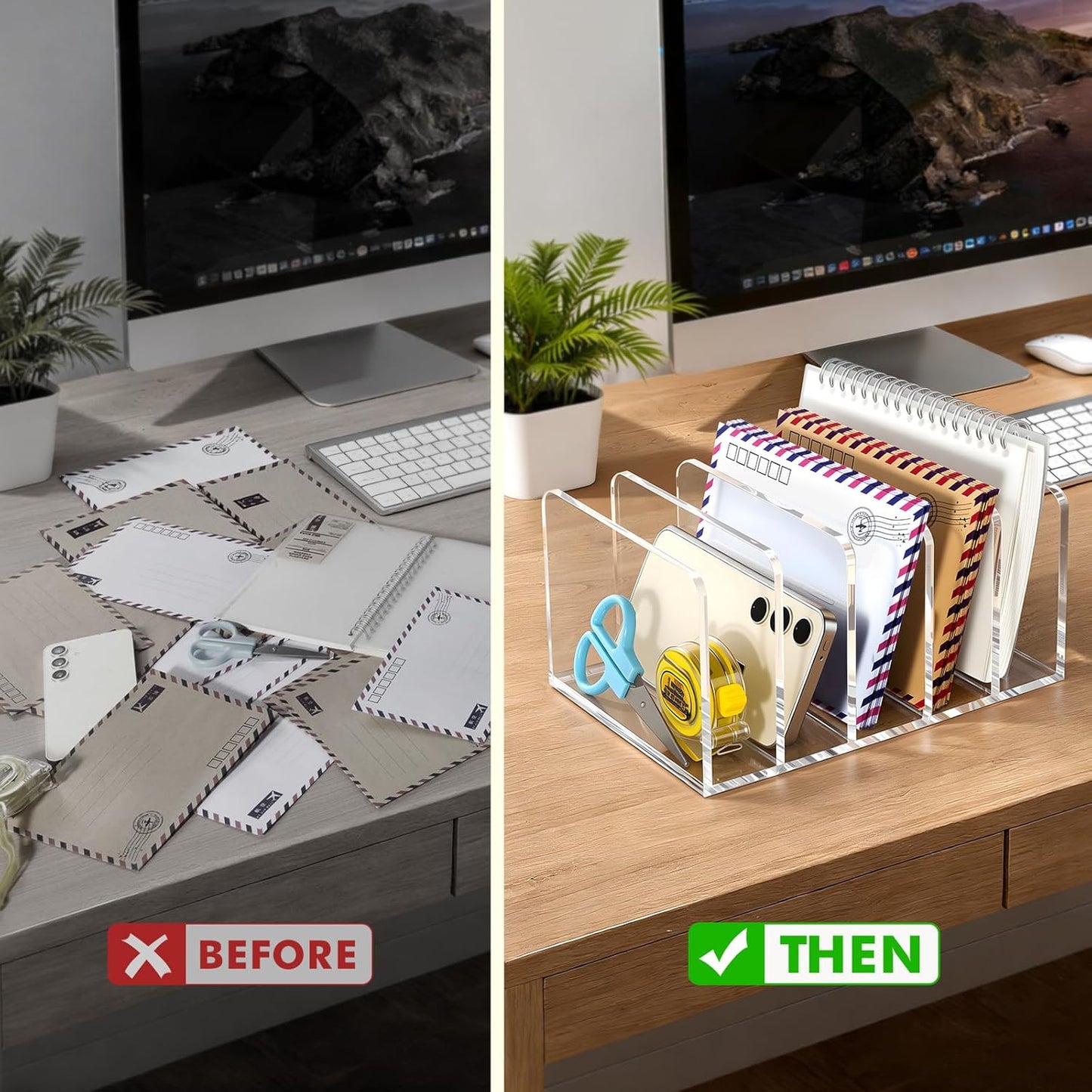 BEYGORM Acrylic Mail Holder, Clear Multifunction Desk Organizer with Divider, Vertical Letter Sorter for Desktop, 5 Compartments Modern Office Home Envelope Organizer for Bill, Document, Folder