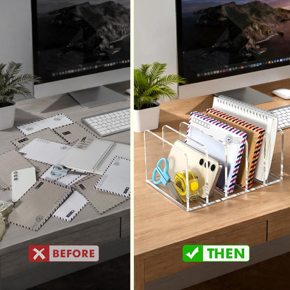 BEYGORM Acrylic Mail Holder, Clear Multifunction Desk Organizer with Divider, Vertical Letter Sorter for Desktop, 5 Compartments Modern Office Home Envelope Organizer for Bill, Document, Folder
