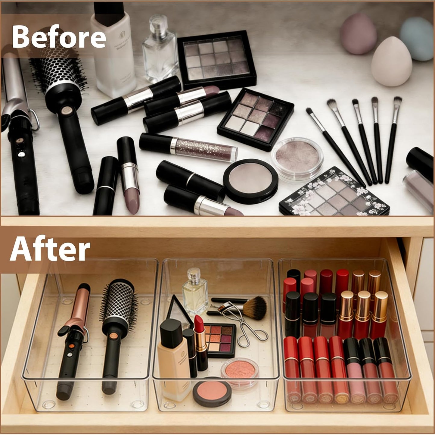 7Pack Desk Drawer Organizers, 6"*9" makeup acrylic drawer organizer trays for vanity, bathroom, office, nightstand, junk for kitchen drawer, Versatile plastic drawer divider storage bins