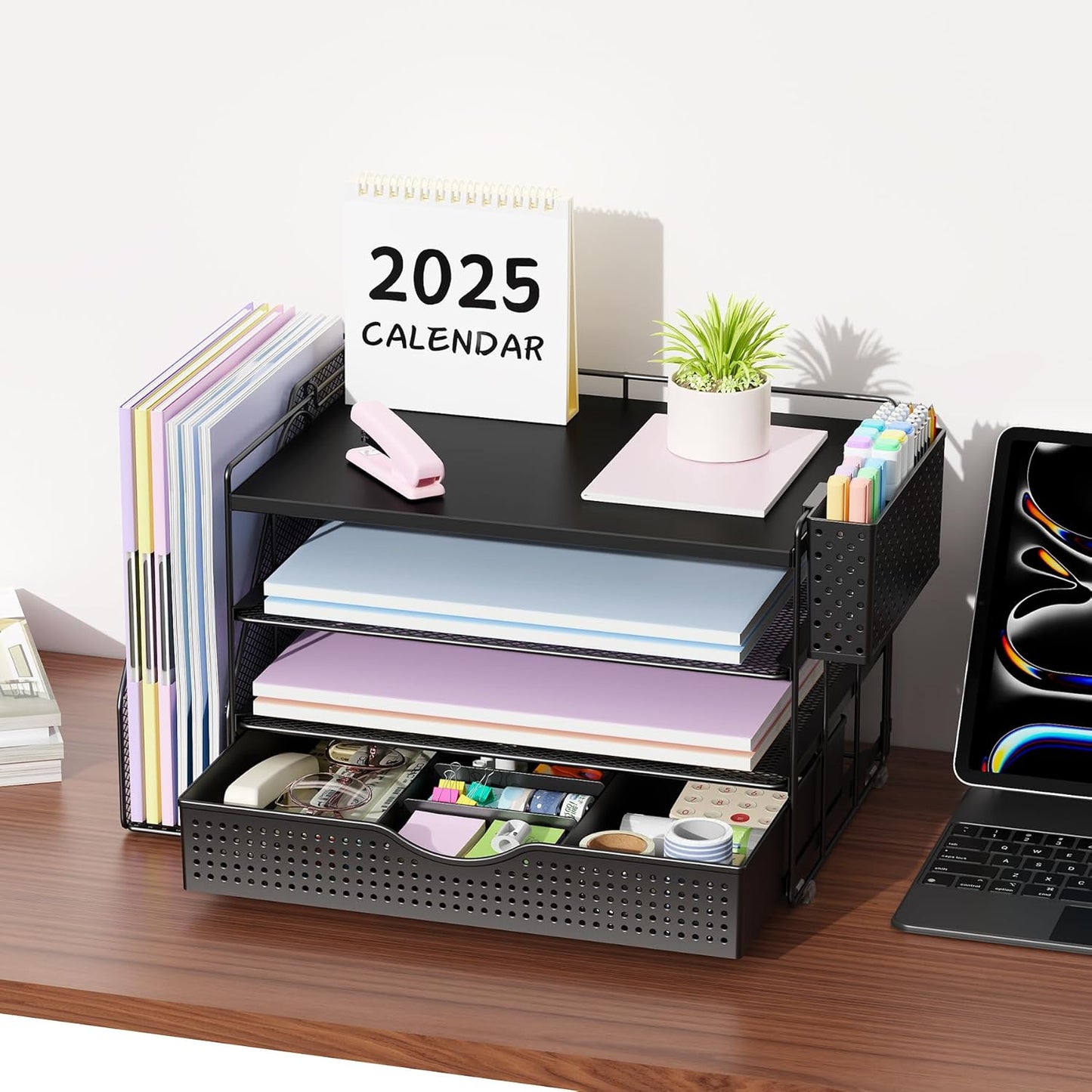 gianotter Wood Desk Organizers and Accessories with File Holder, 4-Tier Desk Accessories & Workspace Organizers with Drawer and Pen Holder, Desk Reference Organizer (Wood)