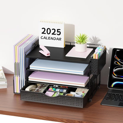 gianotter Wood Desk Organizers and Accessories with File Holder, 4-Tier Desk Accessories & Workspace Organizers with Drawer and Pen Holder, Desk Reference Organizer (Wood)