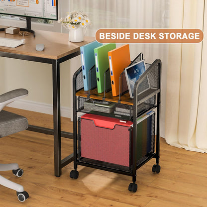 Tiaoheka Rolling File Cabinet with Adjustable Dividers, Vertical Filing Cabinet with Storage Drawer on Lockable Wheels, Hanging File Organizer Beside Under Desk for Office, Home（Patent Pending）