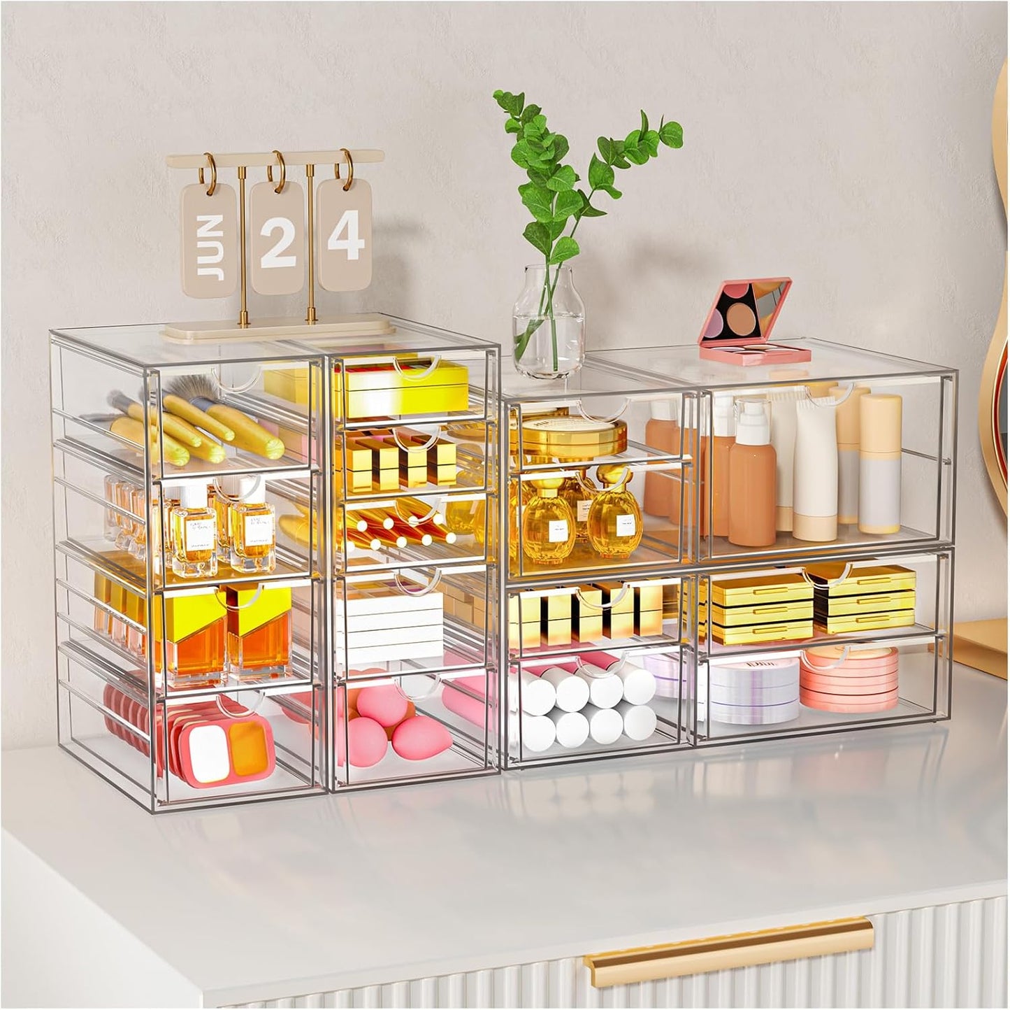 YFXCVSL Acrylic Makeup Organizer with 19 Drawers, 4 Pack Clear Storage Drawers, Bathroom Makeup Organizer for Palettes, Cosmetic, and Beauty Supplies,Ideal for Vanity, Cabinet,Desk Organization