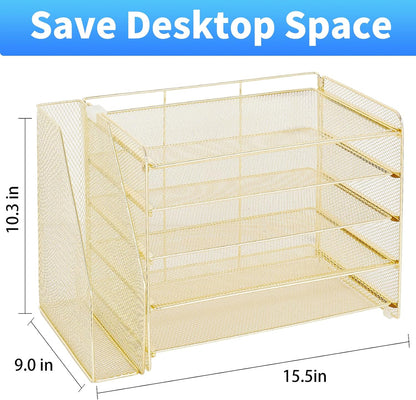 OPNICE Desk Organizer, 5-Tier Paper Organizer Letter Tray with Magazine Holder, Office Desk Accessories & Workspace Organizers, Desktop File Organizer for Office Supplies Storage, Black