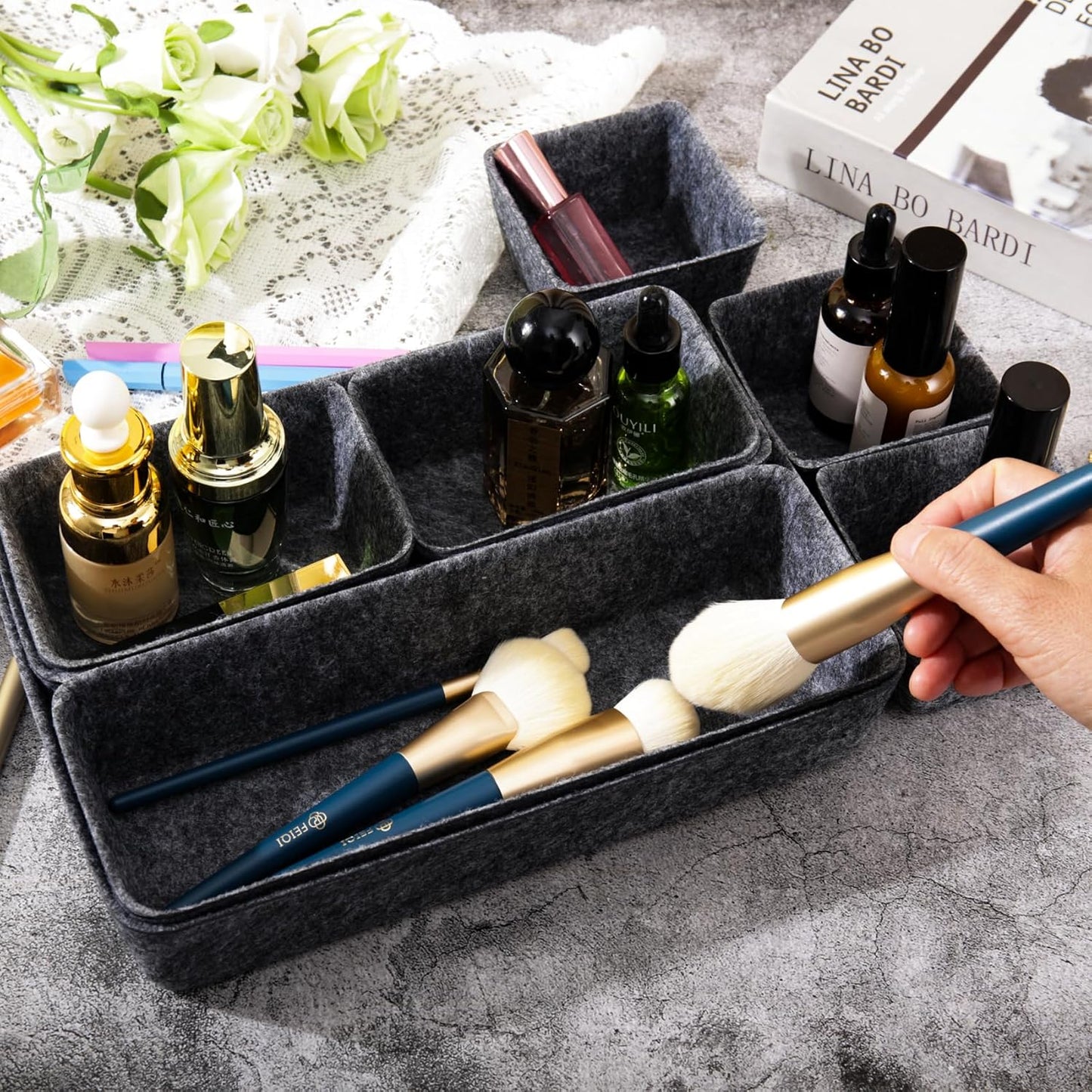 Desk Drawer Organizer Bins, 8pcs Felt Shallow Bathroom Storage Trays, Office Accessories & Workspace Organizers Jewelry & Makeup Boxes Containers(Black)