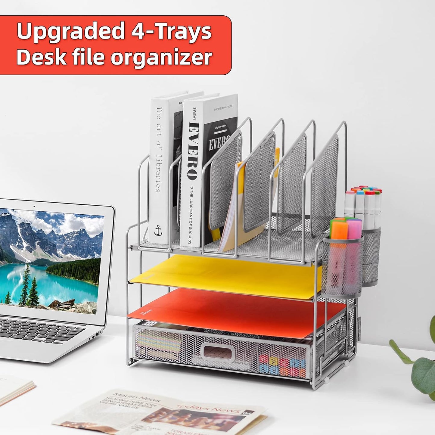 Marbrasse Desk Organizer with Drawer, 4-Tier Mesh File Organizer with 5 Vertical File Holders and 2 Pen Holders, Multifunction Desktop Organizer,Desk Organizers and Accessories for Home Office