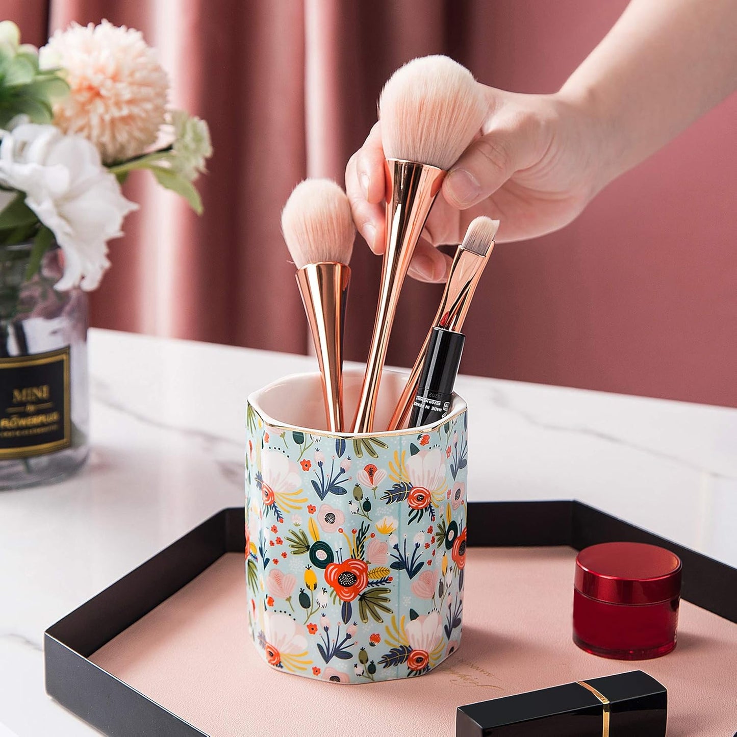 Jwest Pen Holder, Makeup Brush Holder Ceramic Shiny Gold Leopard Cheetah Pattern Animal Pencil Cup for Girls Women Durable Stand Desk Organizer Storage Gift for Office, Classroom, Home Light Brown