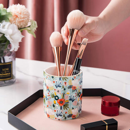 Jwest Pen Holder, Makeup Brush Holder Ceramic Shiny Gold Leopard Cheetah Pattern Animal Pencil Cup for Girls Women Durable Stand Desk Organizer Storage Gift for Office, Classroom, Home Light Brown