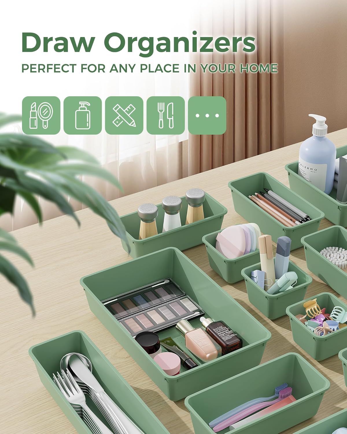 BiuLeon 25 PCS Plastic Drawer Organizers Set, 4-Sizes Vanity and Makeup Organizer, Desk and bathroom Drawer Organizer Trays, Organizers and Storage for Makeup, Jewelry, Gadgets, Utensils (Pink)