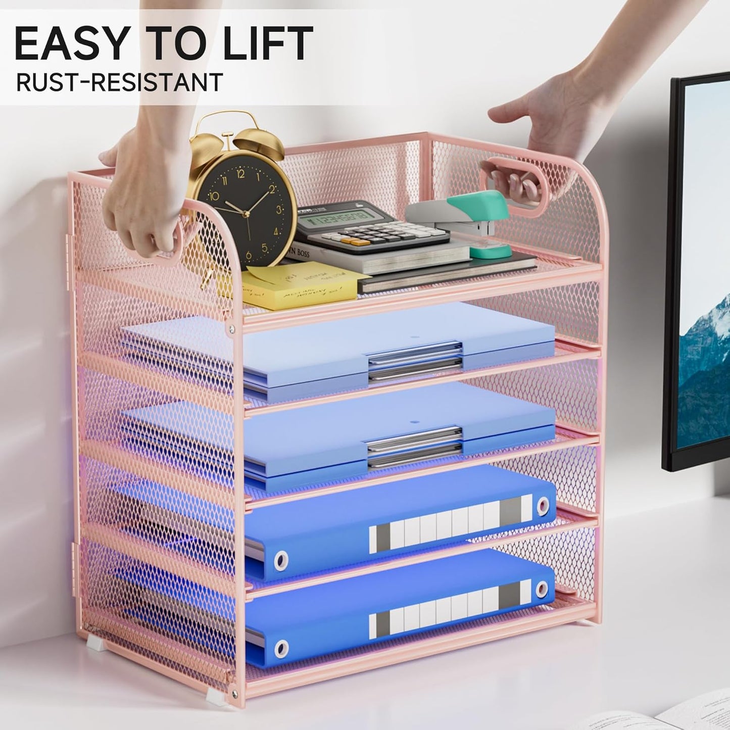 Paper Organizer Letter Tray with Handle, 5-Tier Black Stackable Desk Organizer with Metal Mesh, Sturdy Paper Tray for Office Desk, Home & Classroom Supplies Storage